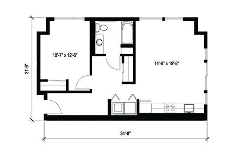 Floor plan for 1 bed, 1 bath, 748 sqft
